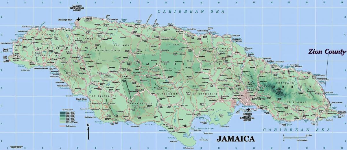 fyzická mapa jamajka ukazuje horách