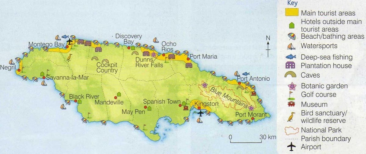 Mapa jamajka ukazuje resort oblastiach