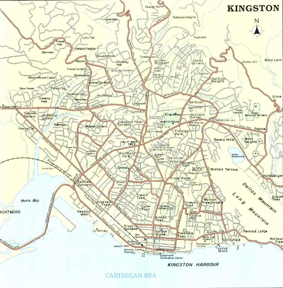 Mapa kingston jamaica štvrtí