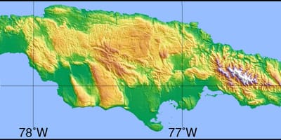 Mapa jamajka ukazuje horách nížiny a doliny